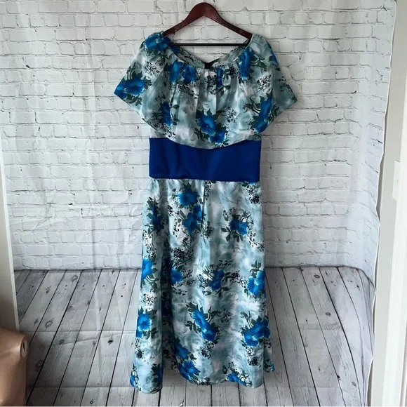 Floral Blue & Green Long Sleeveless Flower Dress size XL - Picture 4 of 15